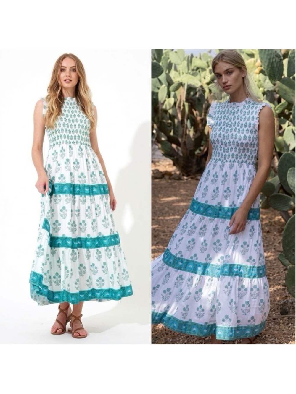 OLIPHANT Tuckernuck Boreggo Green Sleeveless Smocked Cotton Tier Maxi Dress XS